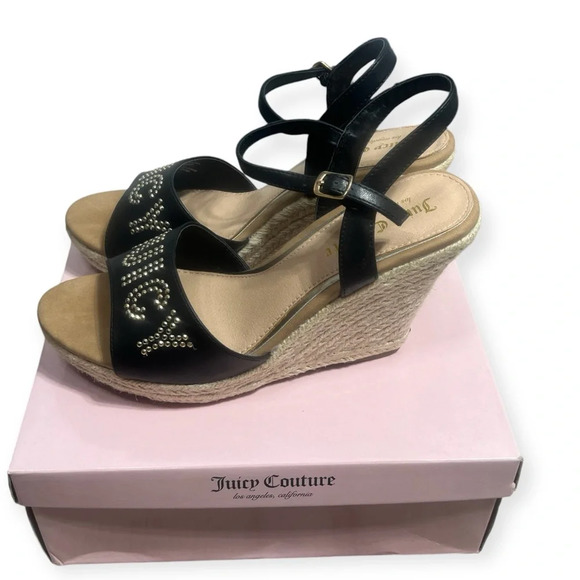 Juicy Couture Black Metal Stud Espadrille Platform Ankle Strap Wedge Sandals 9 - Picture 5 of 14